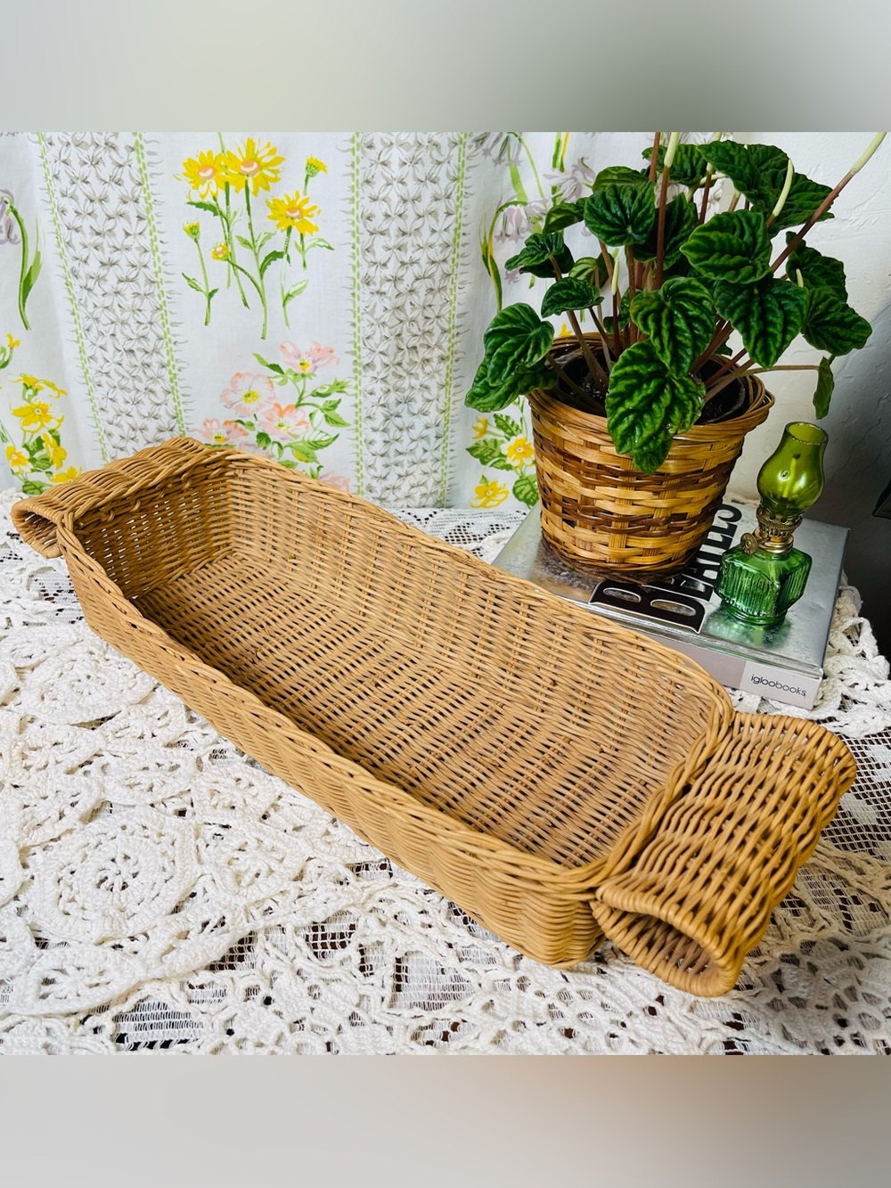 Vintage 70s 80s Long Rectangle Shaped Basket W/ Handles Tan Woven Baskets Home